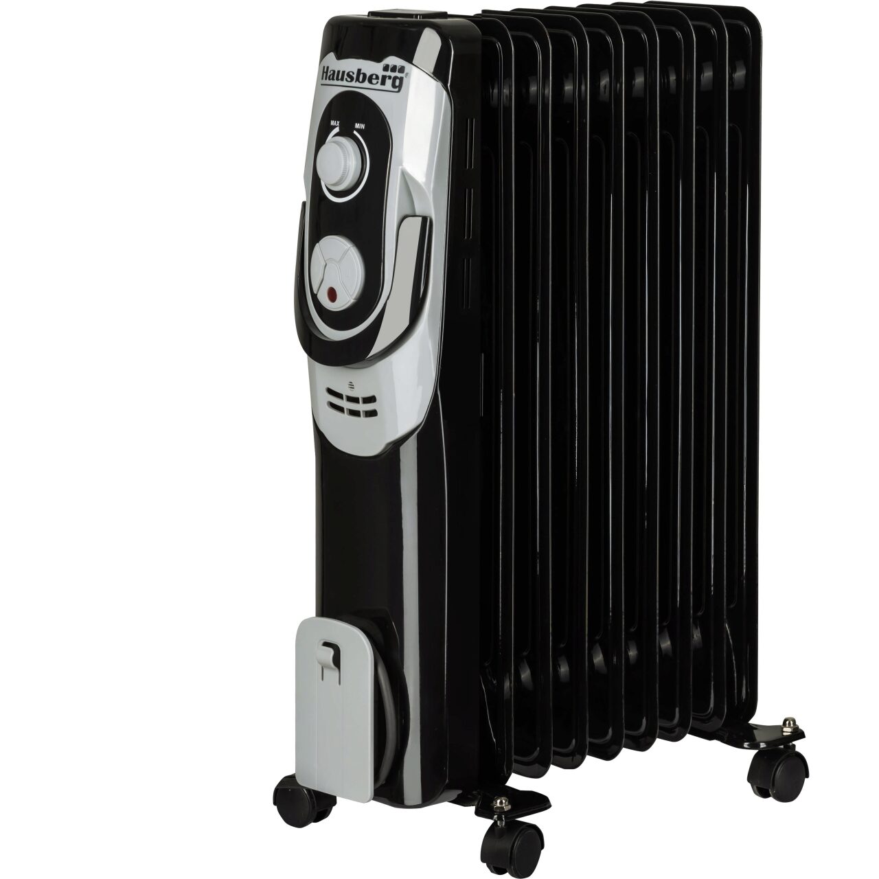 Calorifer electric Hausberg HB-8910NG, 2000 W, 9 elementi, 3 nivele de putere, termostat reglabil, Negru