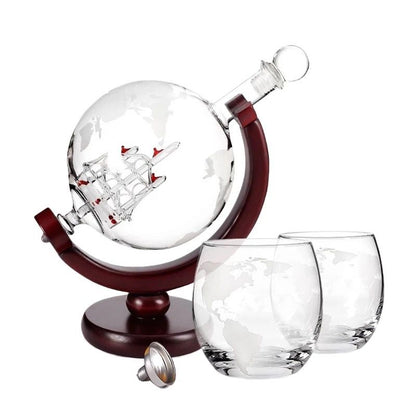 Set decantor The Earth, design glob pamantesc, 2 pahare cu imprimeu modern, materiale de calitate, 850 ml