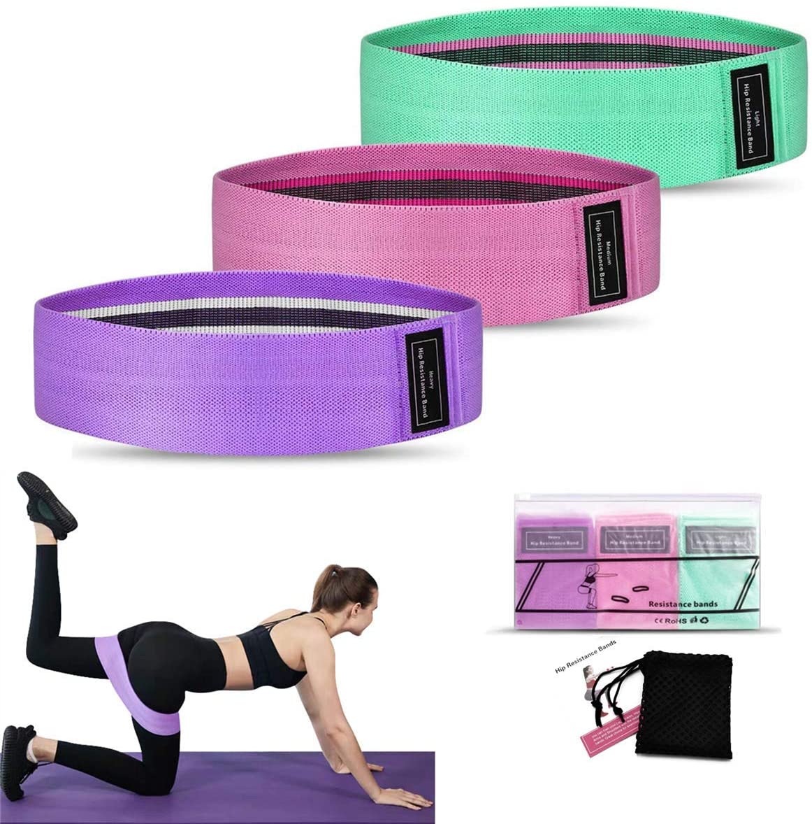 Set 3 benzi elastice fitness, 3 niveluri de rezistenta, pentru coapse, fese si picioare