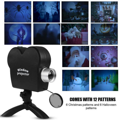 Videoproiector pentru fereastra, Window Wonderland, 12 Filme, Craciun si Halloween, Negru