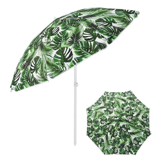 Umbrela pentru Plaja Flap Frunze Tropicale Verzi cu 2 Inele & Schelet Metalic - 2m