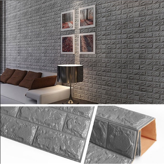 Tapet 3D caramizi argintii, gri, auto-adeziv pentru interior, 70 x 77 cm