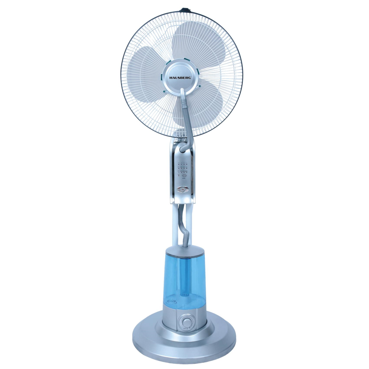 Ventilator cu pulverizare apa si umidificare Hausberg, 90W, 300 ml/h, 3 viteze, timer, telecomanda, Gri/Bleu