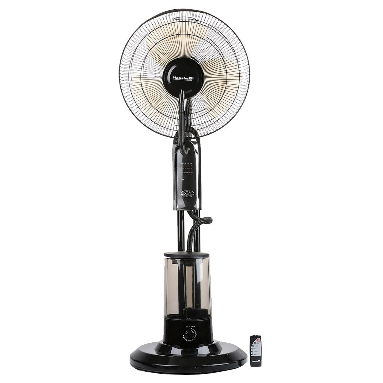 Ventilator cu pulverizare apa si umidificare Hausberg, 90W, 300 ml/h, 3 viteze, timer, telecomanda, Negru