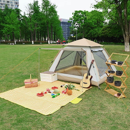 Cort camping 4-5 persoane cu deschidere automata pop-up, impermeabil, protectie UV, 4 usi