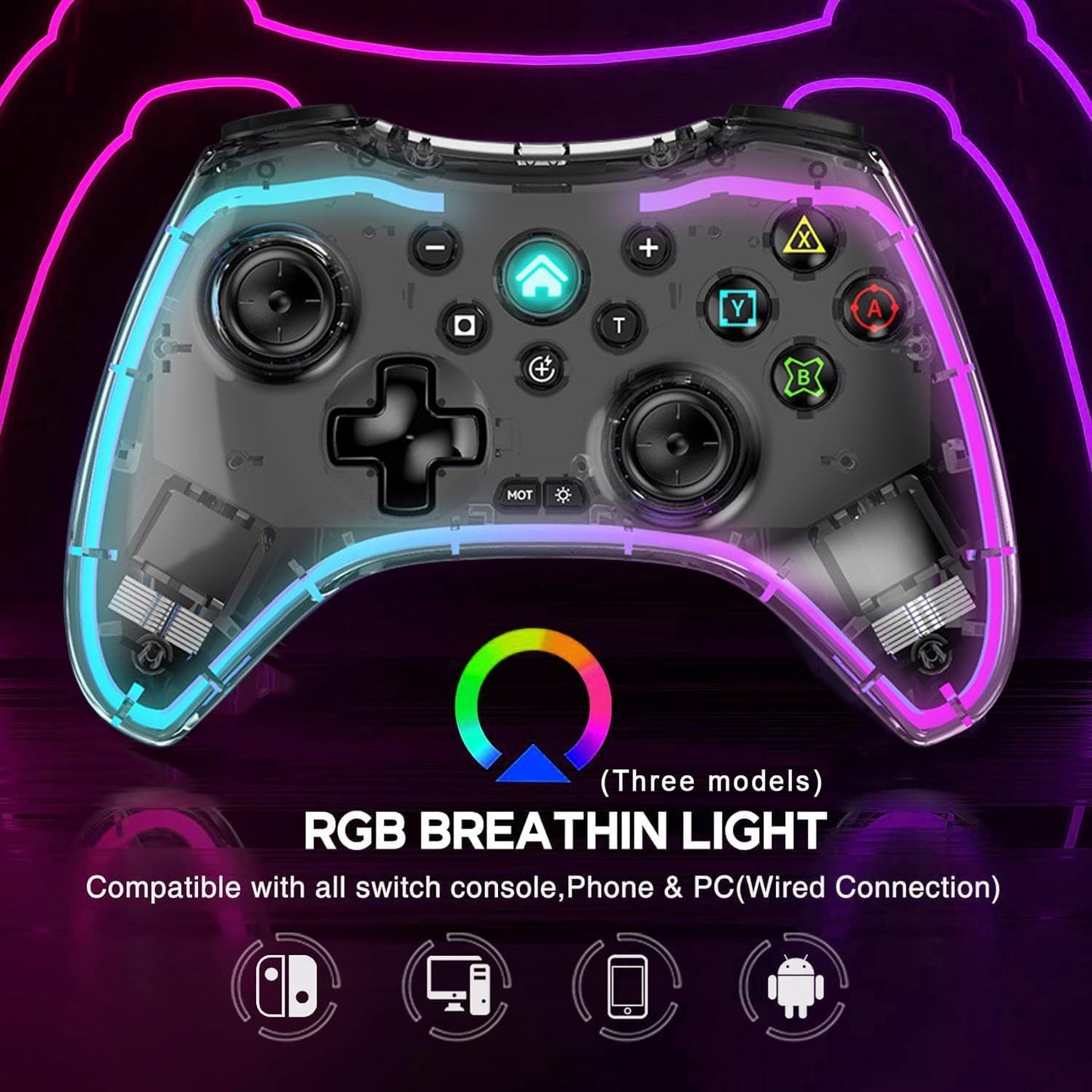 Controller Wireless cu programare, turbo, lumina RGB, transparent, pentru iOS iPhone/iPad/Android/Tablet/PC/Switch/PS5/PS4/PS3