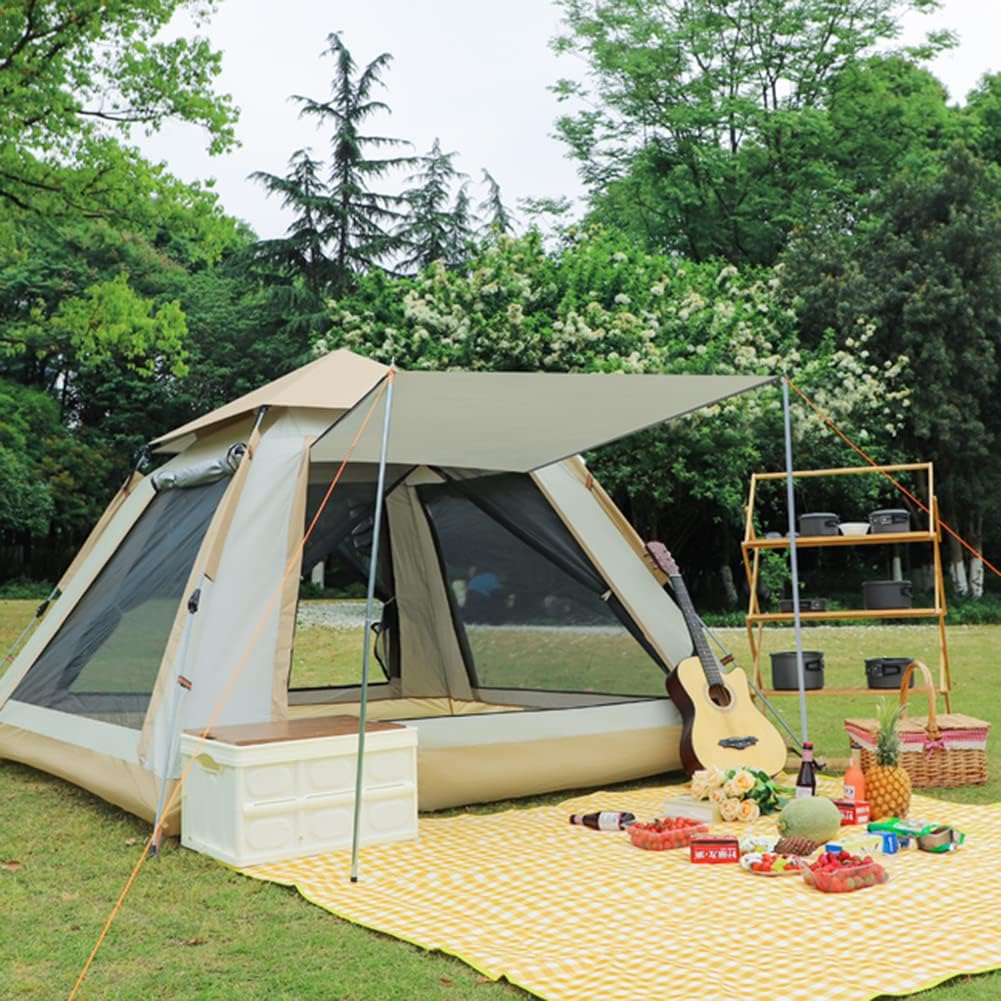 Cort camping 4-5 persoane cu deschidere automata pop-up, impermeabil, protectie UV, 4 usi