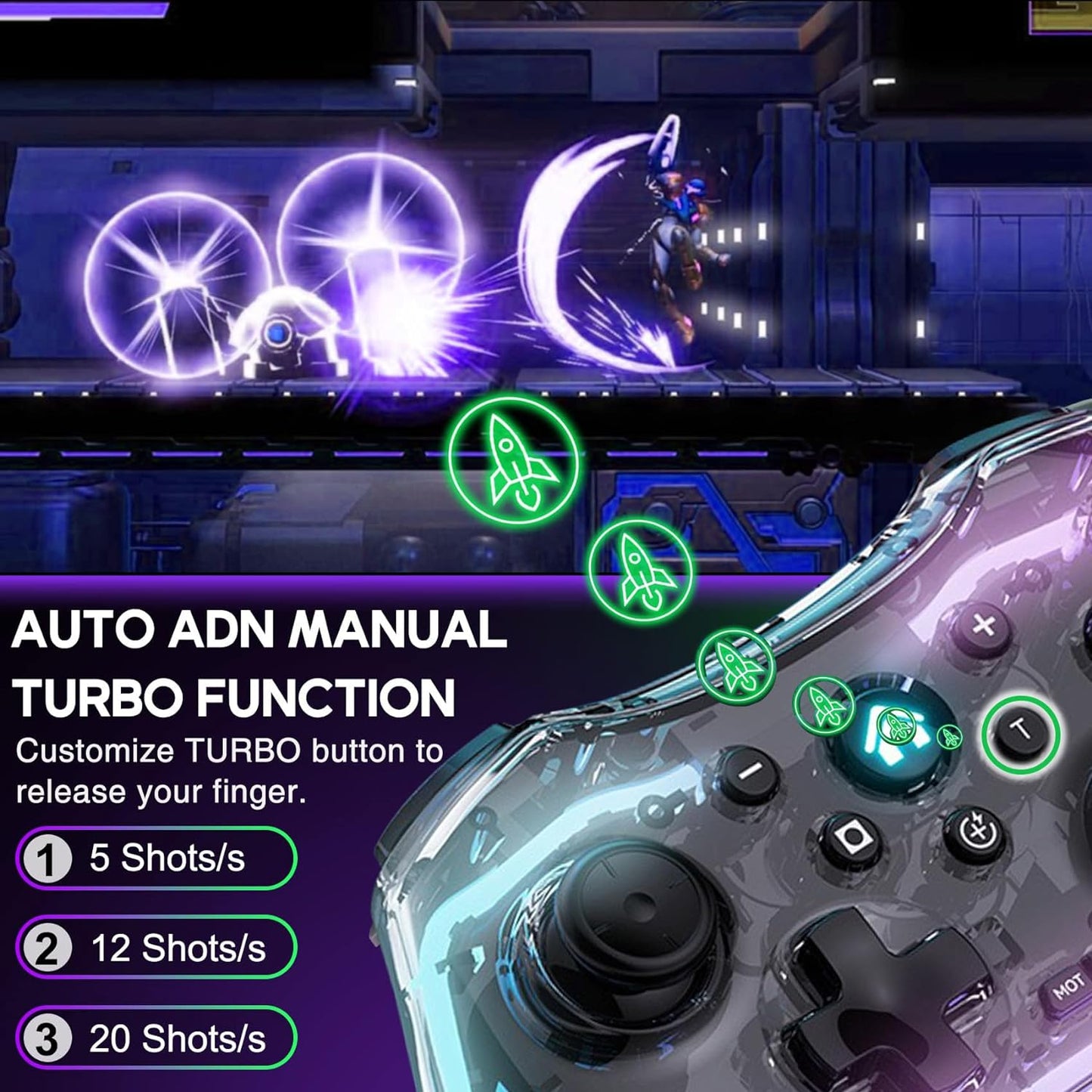 Controller Wireless cu programare, turbo, lumina RGB, transparent, pentru iOS iPhone/iPad/Android/Tablet/PC/Switch/PS5/PS4/PS3