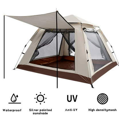 Cort camping 4-5 persoane cu deschidere automata pop-up, impermeabil, protectie UV, 4 usi