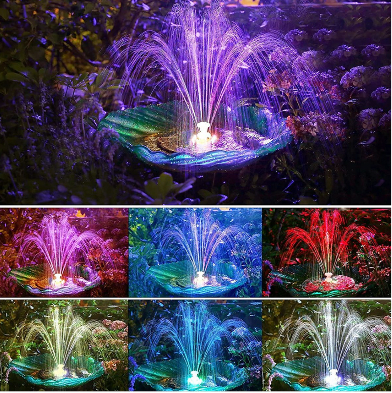 Fantana arteziana solara pentru gradina, cu 6 LED-uri multicolore, 6W, 7.4V, 23cm