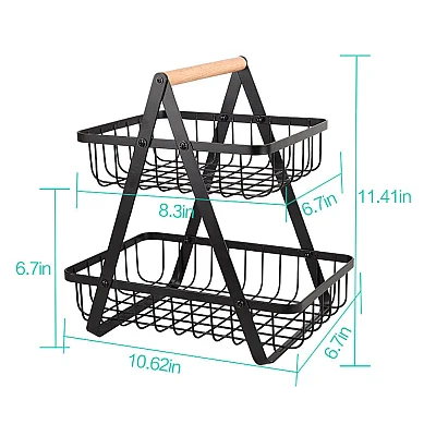 Cos metalic stil organizator fructe legume cu 2 niveluri, negru