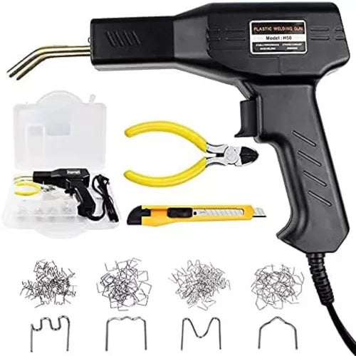 Trusa aparat sudat plastic, pistol profesional pentru lipit/sudat plastic, kit pentru repararea fisurilor din plastic, polipropilena, 200 capse de intarire, putere 50W