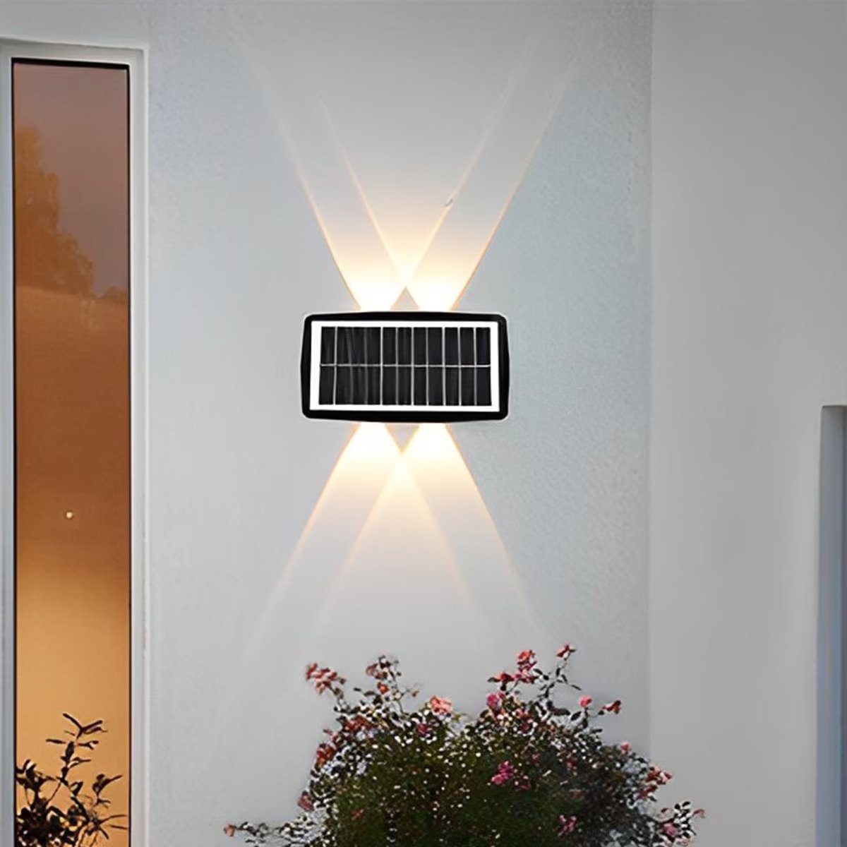 Lampa solara LED bidirectionala dreptunghiulara pentru perete, 20.5x10 cm, 6 LED-uri, 5.5V, rezistenta la apa IP65, alb cald