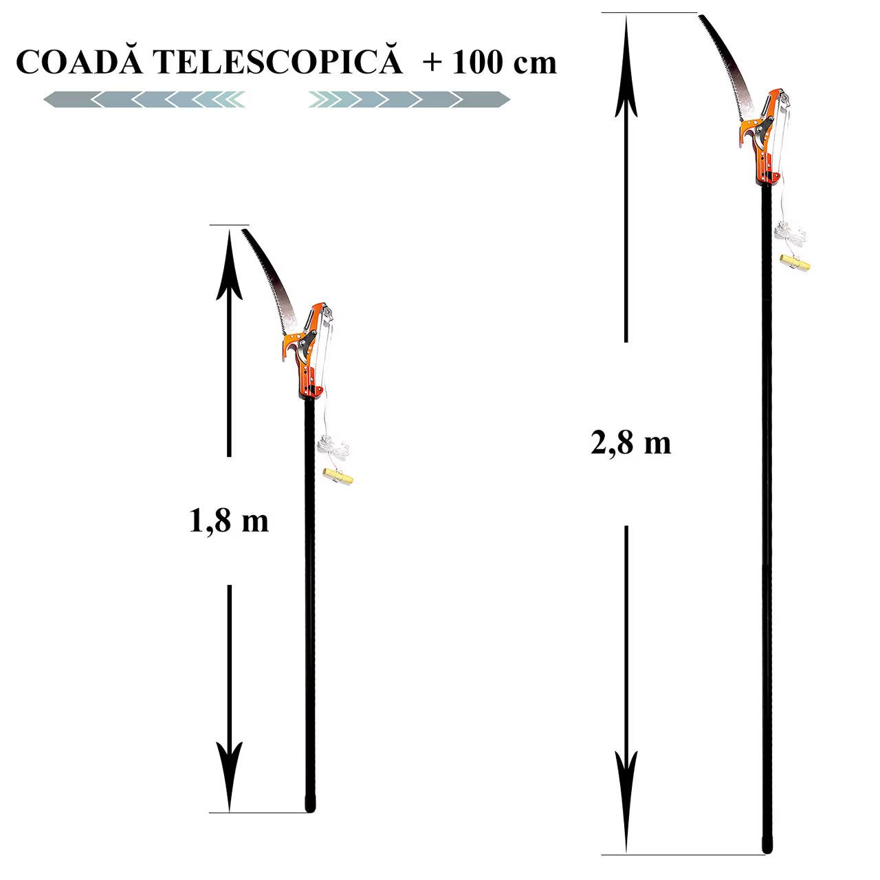 Foarfeca crengi si fierastrau, cu maner telescopic 1.8-2.8 m