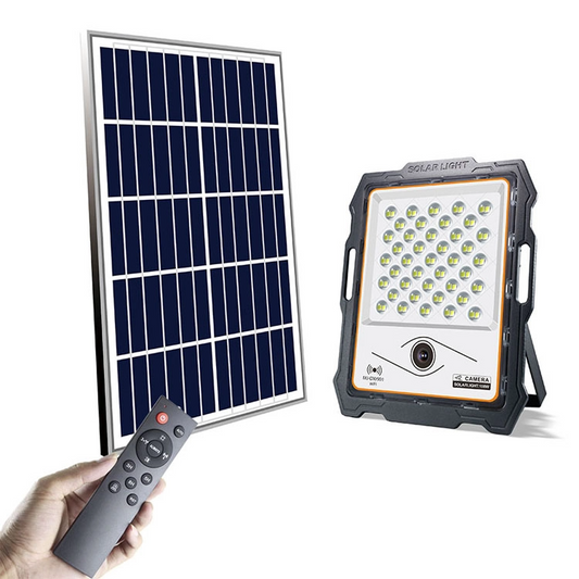 Proiector LED cu panou solar si camera WiFi, 100W-300W, 82-236 LED-uri, lumina alba, telecomanda