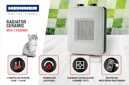 Aeroterma ceramica Heinner HCH-L1500WH, 1500 W, 2 trepte de putere, termostat reglabil, Alb