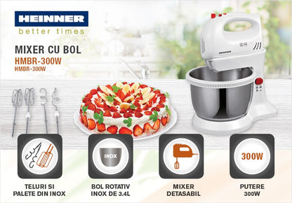 Mixer cu bol Heinner HMBR-300W, Bol Rotativ Inox, 300W, 3.4L, Alb