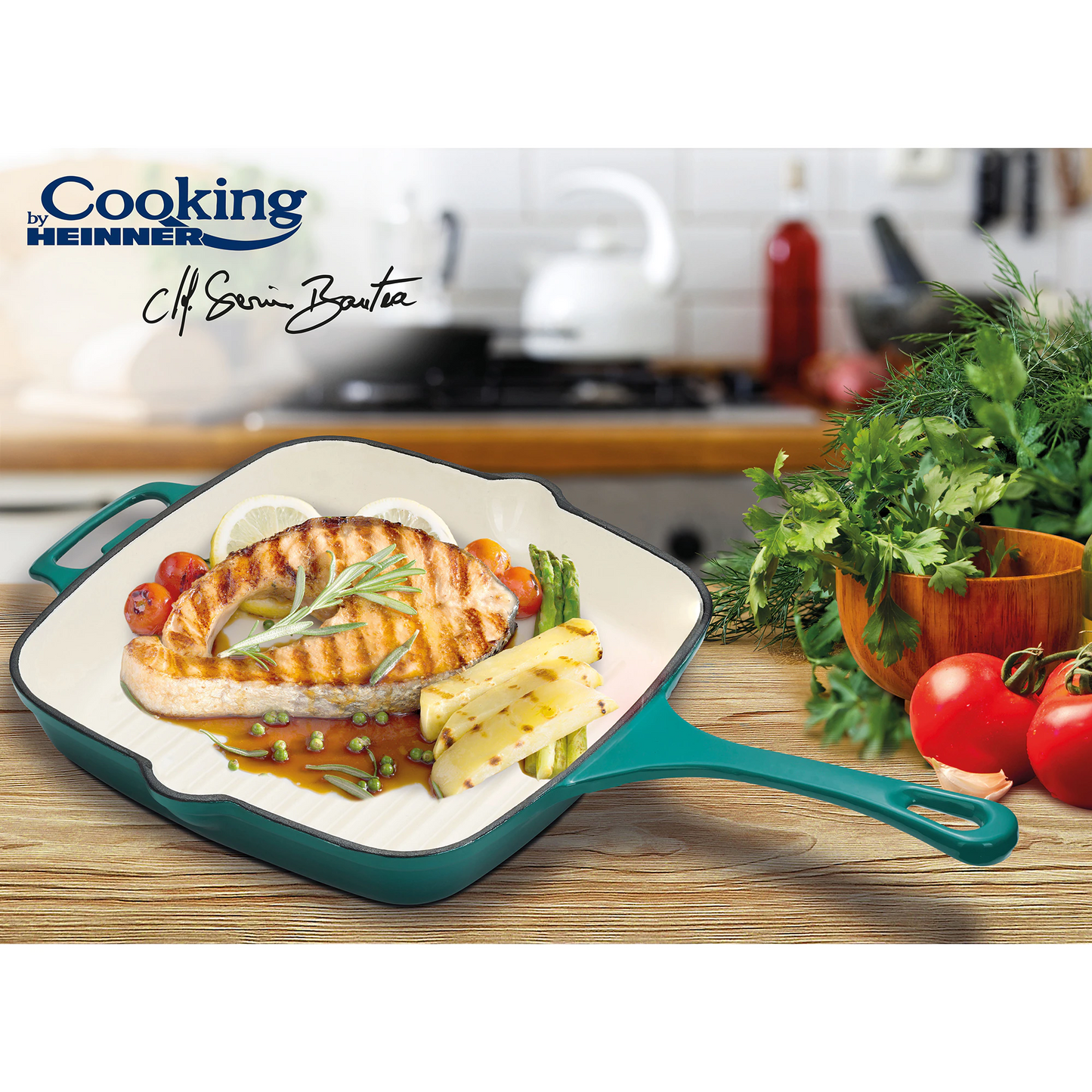 Tigaie grill fonta emailata Cooking by Heinner, Taste of Home by Chef Sorin Bontea, inductie, 26.5 x 26.5 x 5 cm