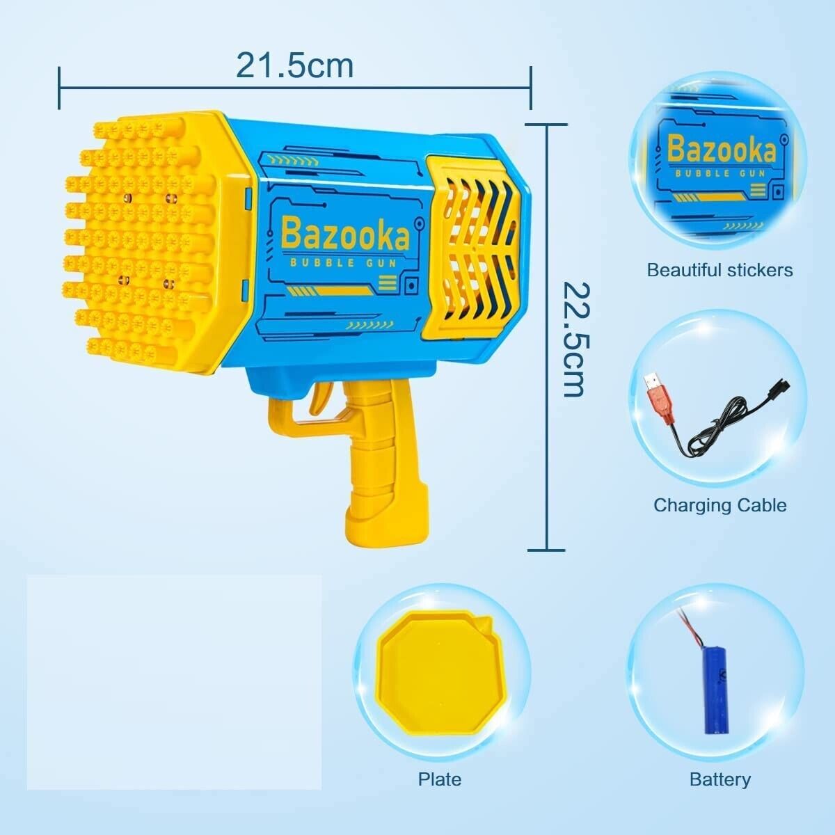 Pistol-mitraliera electric pentru baloane de sapun, 69 orificii, Bazooka Bubble Gun, incarcare USB