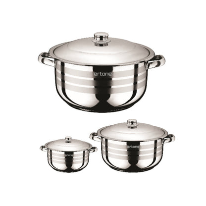 Set 3 oale din inox cu 3 capace din sticla Ertone MN 515, 20CM/3.2L, 22CM/4,5L, 24CM/6,3L, Inox