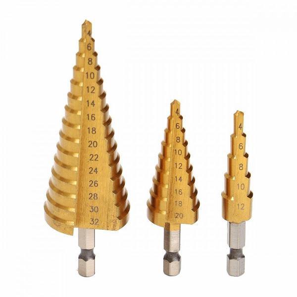 Set 3 x Burghiu conic metal in trepte, spiral conic 4-32 mm