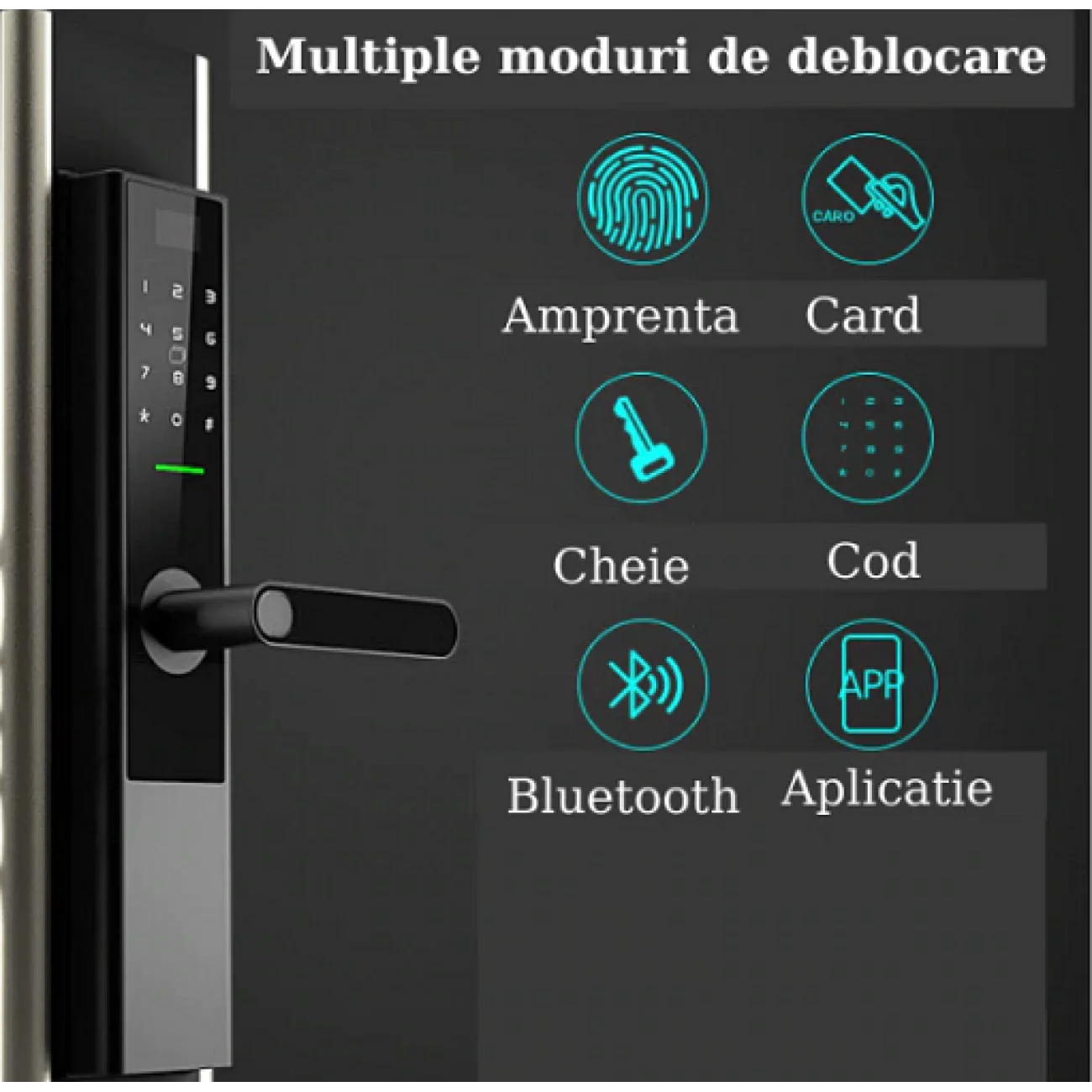 Yală incuietoare inteligenta, control și monitorizare prin aplicație Tuya, Wifi, Cititor amprentă, Panou Touch iluminat, Alarmă, Sonerie, NFC, Card magnetic, Parolă