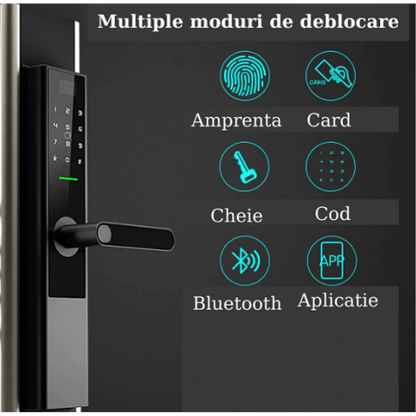 Yală incuietoare inteligenta, control și monitorizare prin aplicație Tuya, Wifi, Cititor amprentă, Panou Touch iluminat, Alarmă, Sonerie, NFC, Card magnetic, Parolă