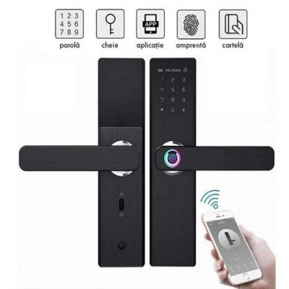 Yală incuietoare inteligenta, control și monitorizare prin aplicație Tuya, Wifi, Cititor amprentă, Panou Touch iluminat, Alarmă, Sonerie, NFC, Card magnetic, Parolă